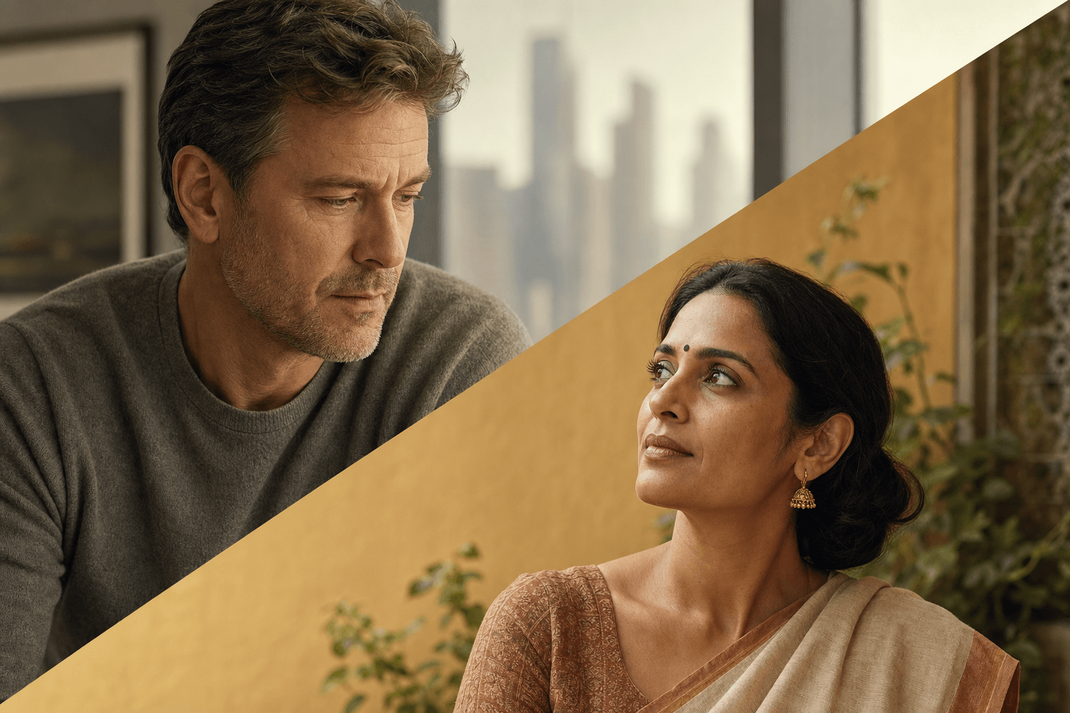 A reflective American man and a dignified Indian woman looking toward each other across a diagonal divide
