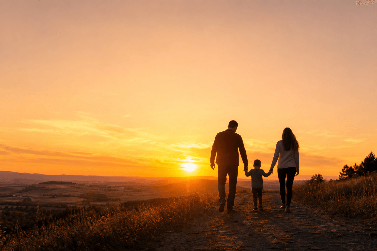 A man, a child, and a woman holding hands and walking together into the sunset